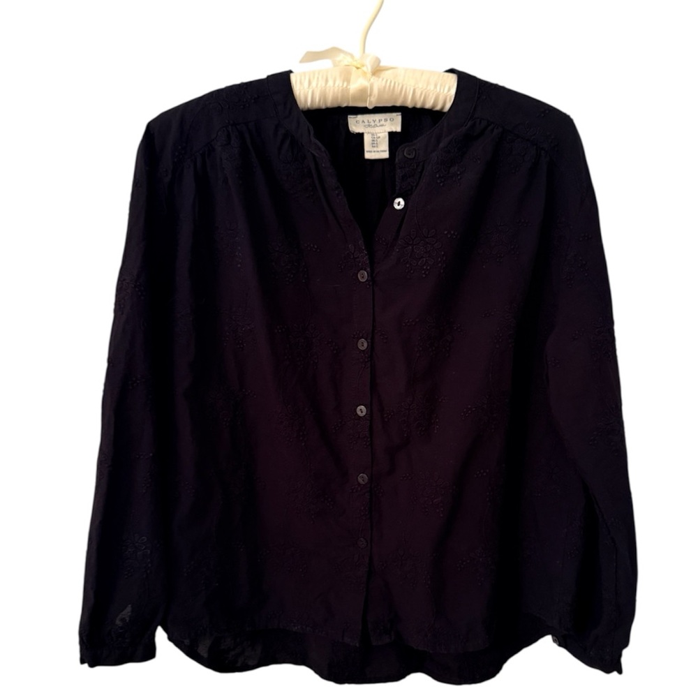 Calypso St. Barth Black Embroidered Button Front Blouse 100% Cotton S